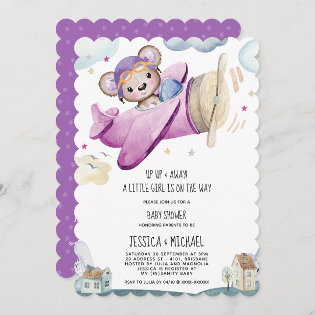 Girl Teddy Bear Aeroplane Baby Shower Invitation (Front/Back)