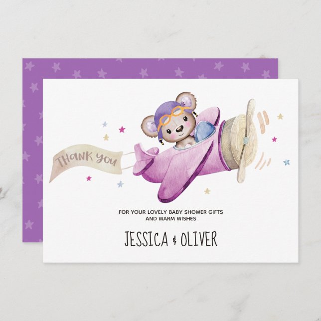 Girl Teddy Bear Aeroplane Thank You Card (Front/Back)