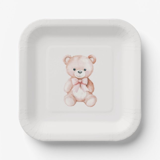 Girl Teddy Bear Baby Shower Paper Plate (Front)