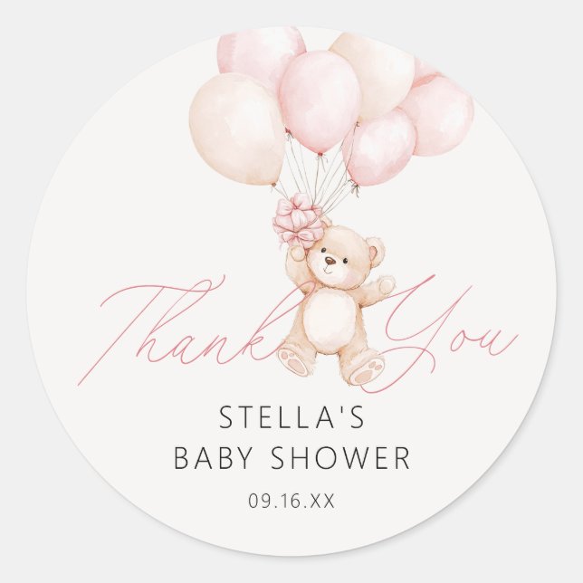 Girl Teddy Bear Balloons Baby Shower Classic Round Sticker (Front)