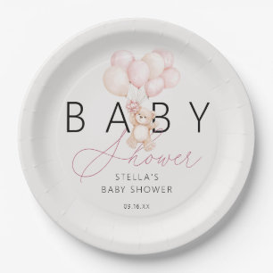 Girl Teddy Bear Balloons Baby Shower Paper Plate
