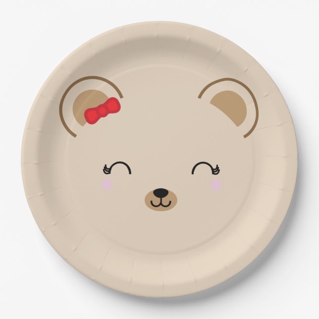 girl teddy bear BIRTHDAY PARTY red Paper Plate (Front)