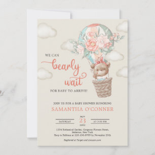Girl teddy bear hot air balloon floral wreath invitation