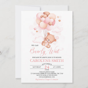 Girl Teddy Bear Pink Balloon Baby Shower Invitation