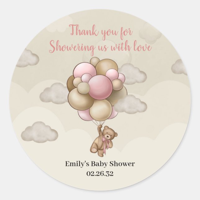 Girl Teddy bear pink brown beige balloons hot air Classic Round Sticker (Front)