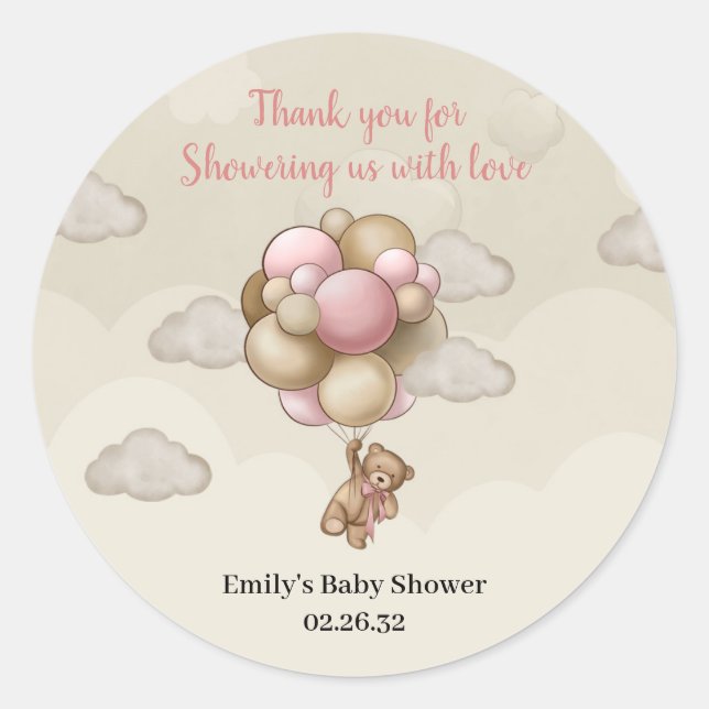 Girl Teddy bear pink brown beige balloons hot air Classic Round Sticker (Front)