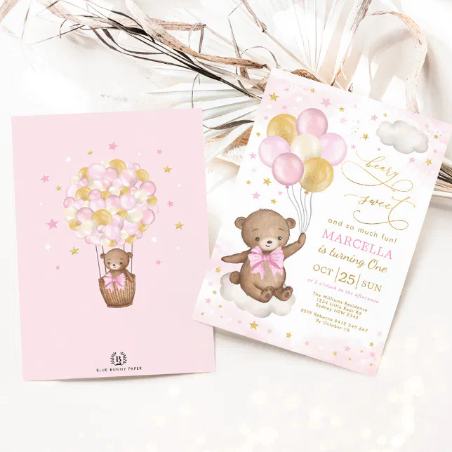 Girl Teddy Bear Pink Gold Balloons 1st Birthday Invitation | Zazzle