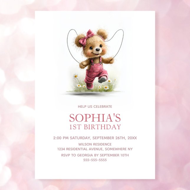 Girl Teddy Bear Playing Jump Rope 1st Birthday Invitation (Creator Uploaded)