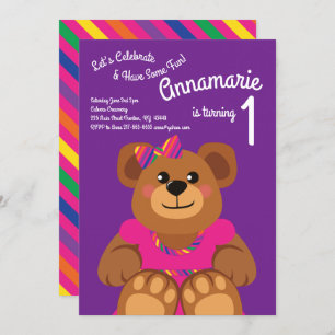 Girl Teddy Bear Rainbow 1st Birthday Cute Invitation