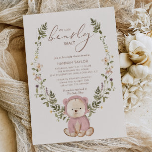 Girl Teddy Bear We Can Bearly Wait Baby Shower Invitation