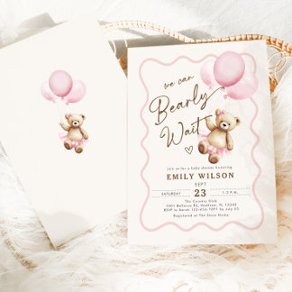Girl Teddy Bear We Can Bearly Wait Baby Shower Invitation