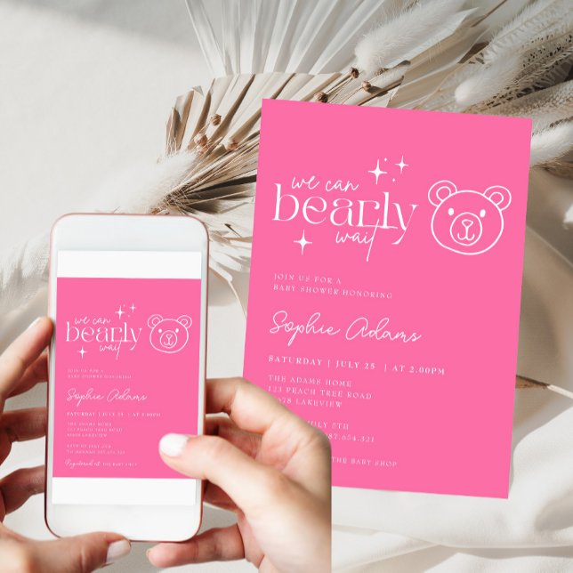 Girl Teddy Bear We Can Bearly Wait Baby Shower Invitation (Creator Uploaded)
