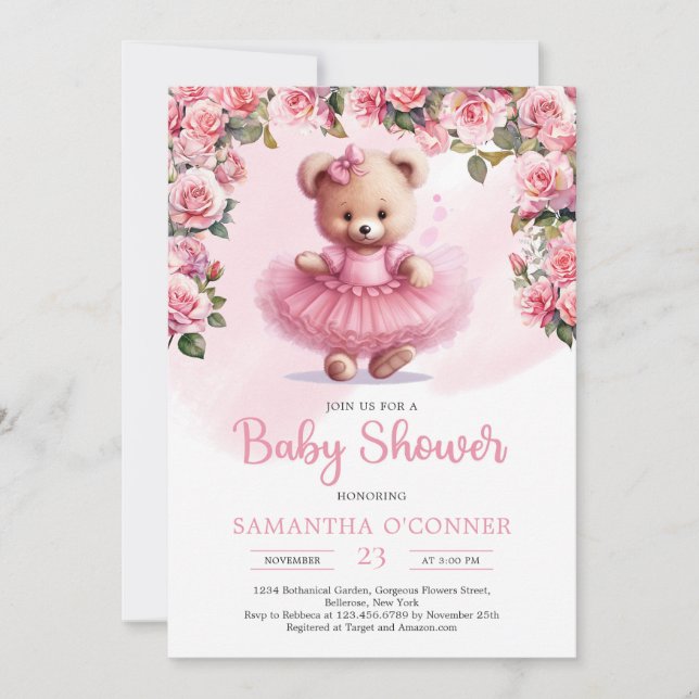 Girl Teddy bear with pink tutu and blush roses Invitation (Front)