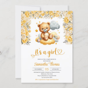 Girl teddy bear yellow flowers girl baby shower invitation