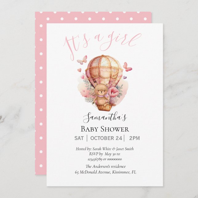 Girl Teddy Bearly Wait Hot Air Balloon Pink Announcement (Front/Back)