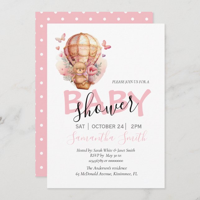 Girl Teddy Bearly Wait Hot Air Balloon Pink Announcement (Front/Back)