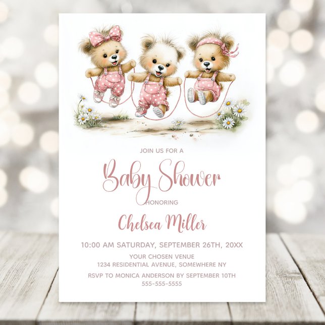 Girl Teddy Bears Wearing Pink Polka Dot Overalls Invitation (Creator Uploaded)