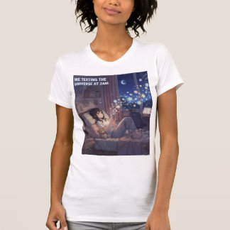 Girl Texting Universe At Night Bedroom Scene T-Shirt