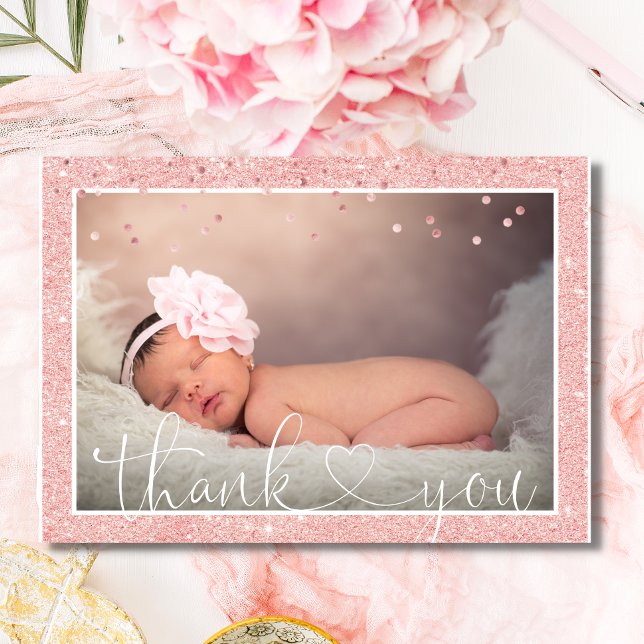 Girl THANK YOU Pink Glitter Baby Shower | PHOTO Announcement (Creator Uploaded)