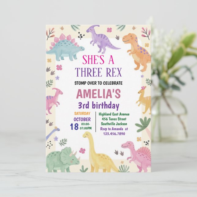 Girl Three Rex Dinosaur 3rd Birthday Invitation (Standing Front)