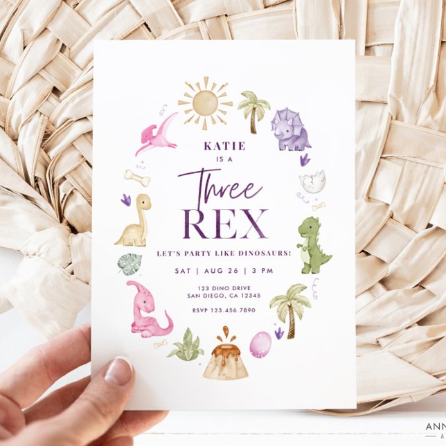 Girl Three Rex Dinosaur 3rd Birthday Invitation (Girl Three Rex Invitation)