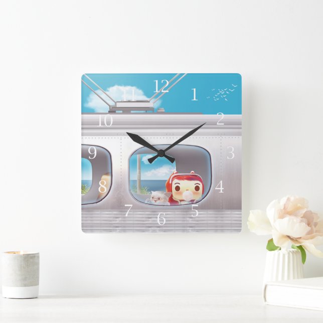 Girl together with cat looking out train Window Sq Square Wall Clock (Home)