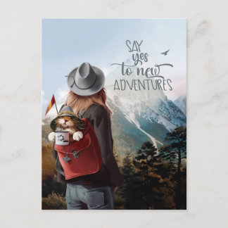 Girl travels with a cat in a backpack postcard