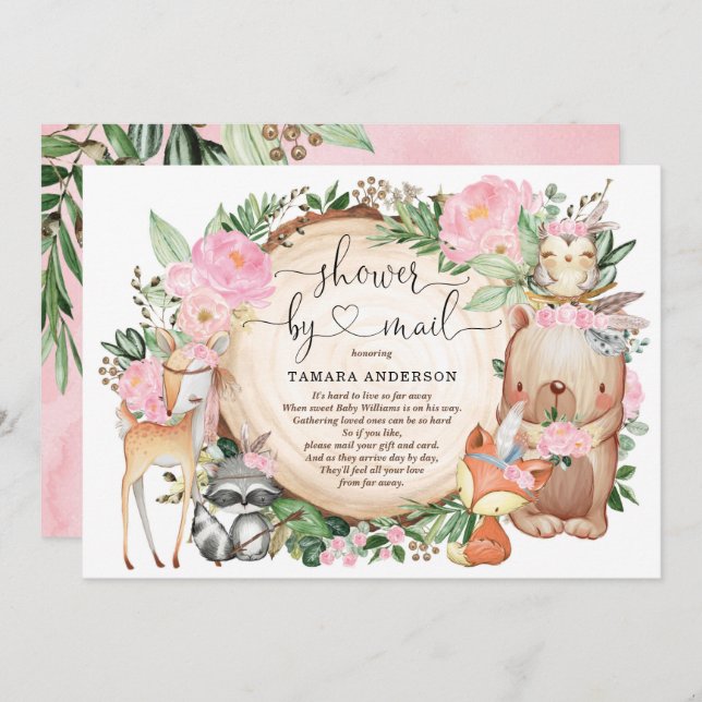 Girl Tribal Woodland Animals Baby Shower By Mail Invitation (Front/Back)