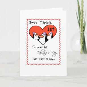 Girl Triplets 1st Valentine's Day Cute Penguin Holiday Card
