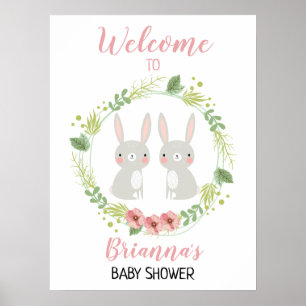 Girl Twin Bunny Welcome Baby Shower Sign