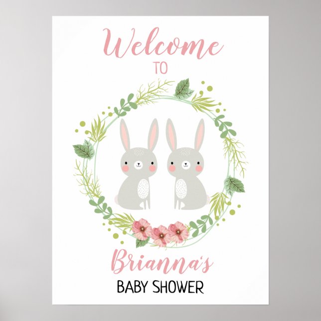 Girl Twin Bunny Welcome Baby Shower Sign (Front)