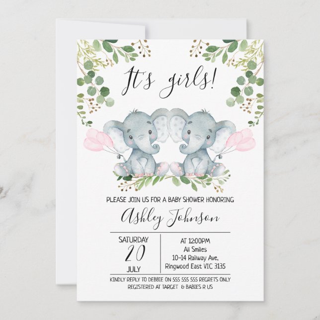 Girl Twin Elephant Balloons Baby Shower Invitation (Front)