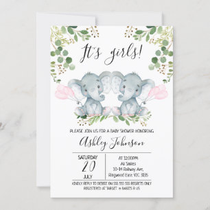 Girl Twin Elephant Balloons Baby Shower Invitation