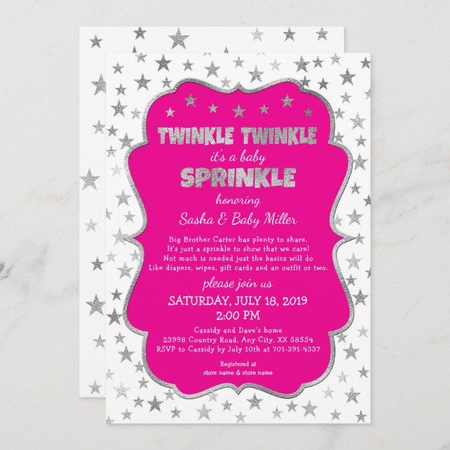Girl Twinkle Baby Sprinkle invitations, hot pink Invitation (Front/Back)