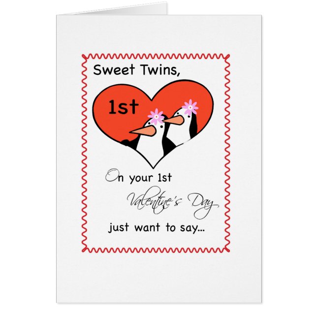 Girl Twins 1st Valentine's Day Cute Penguin (Front)