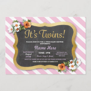 Girl Twins Baby Shower Floral Stripe Pink Invite
