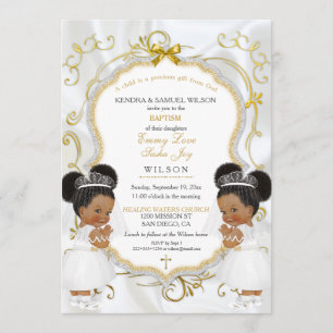 Girl Twins Baptism Christening Gold Ethnic Puffs Invitation
