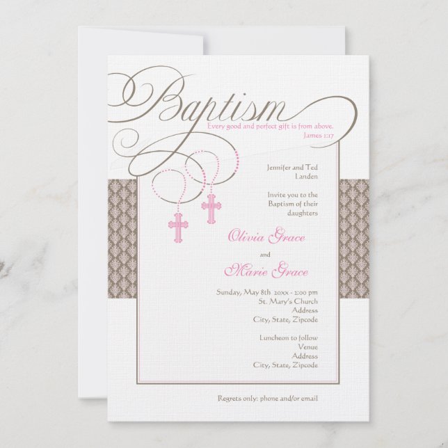 Girl Twins Damask Baptism Invitation (Front)