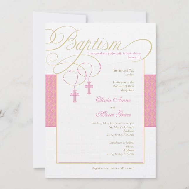 Girl Twins Damask Baptism Invitation (Front)