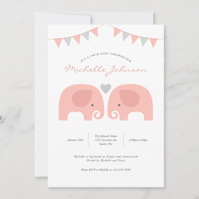 Girl Twins Elephant Baby Shower Invitation (Front)