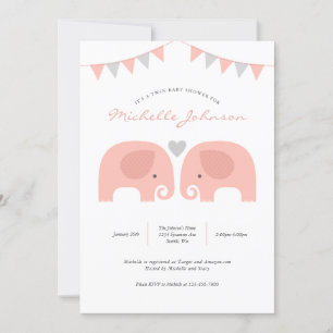 Girl Twins Elephant Baby Shower Invitation