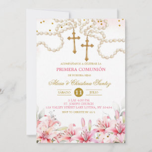Girl Twins Pink Lily Floral Rosary First Holy Comm Invitation