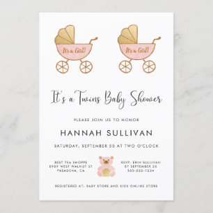 Girl Twins Retro Carriage Watercolor Shower Invitation