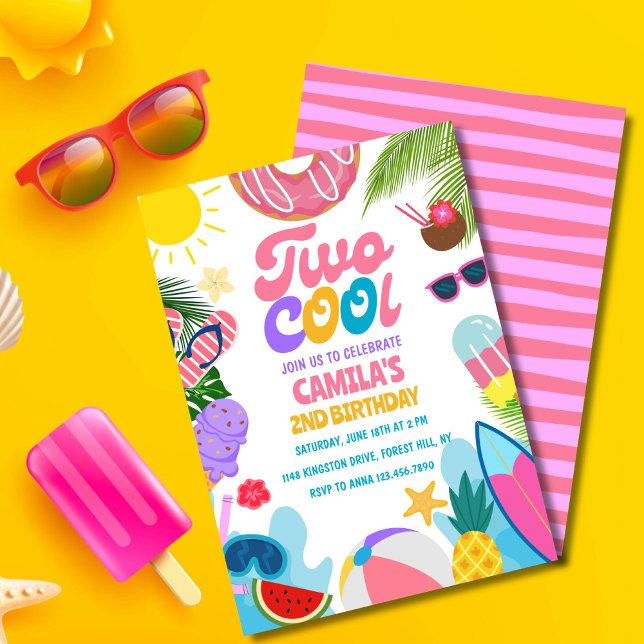 Girl Two Cool Pool Party Beach 2nd Birthday   Invitation (Pink "Two Cool" birthday invite for girls with sun, waves, and cute beach vibes!)