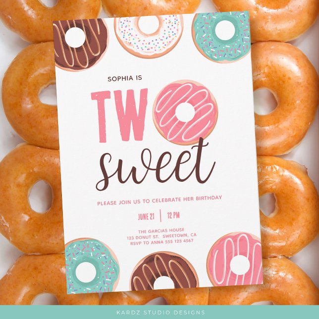 Girl Two Sweet Doughnut 2nd Birthday Party Invitation (2nd Birthday Party Invitation with a cute doughnut design. Buy prints or digital download.)