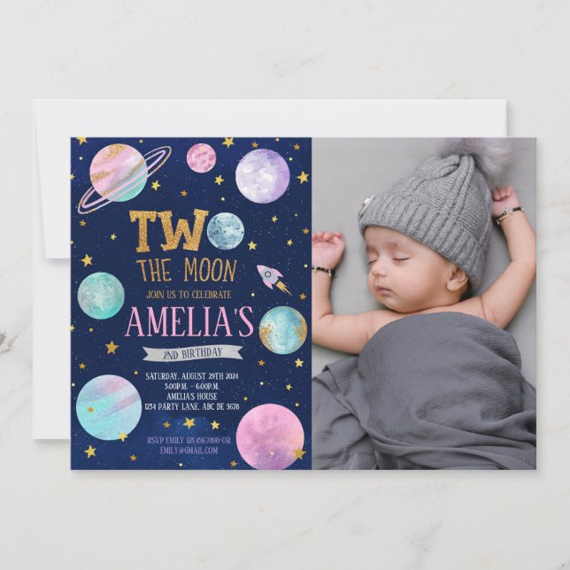 Girl Two The Moon Birthday Photo Invitation (Front)