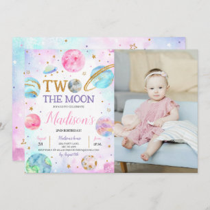 Girl Two The Moon Space Birthday Photo Invitation