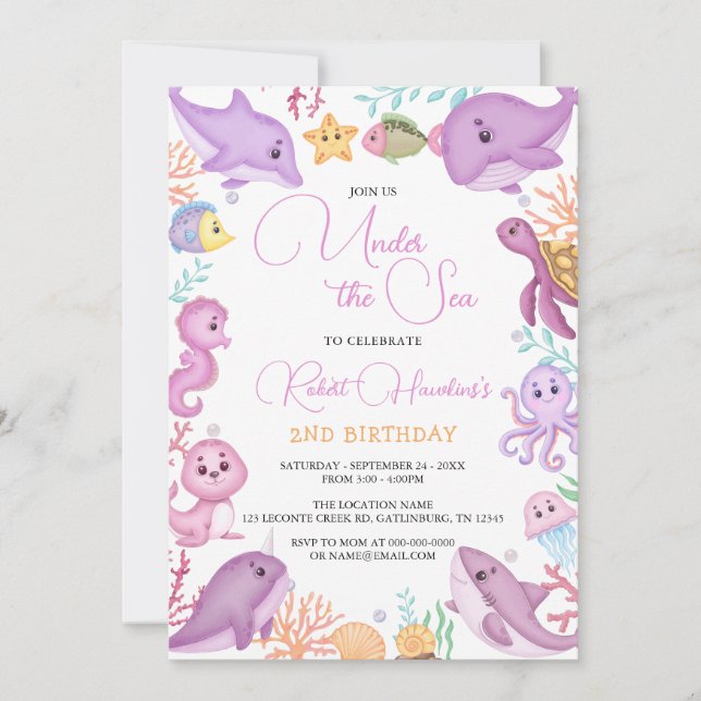 Girl Under the Sea Ocean Animals Birthday Invitation (Front)