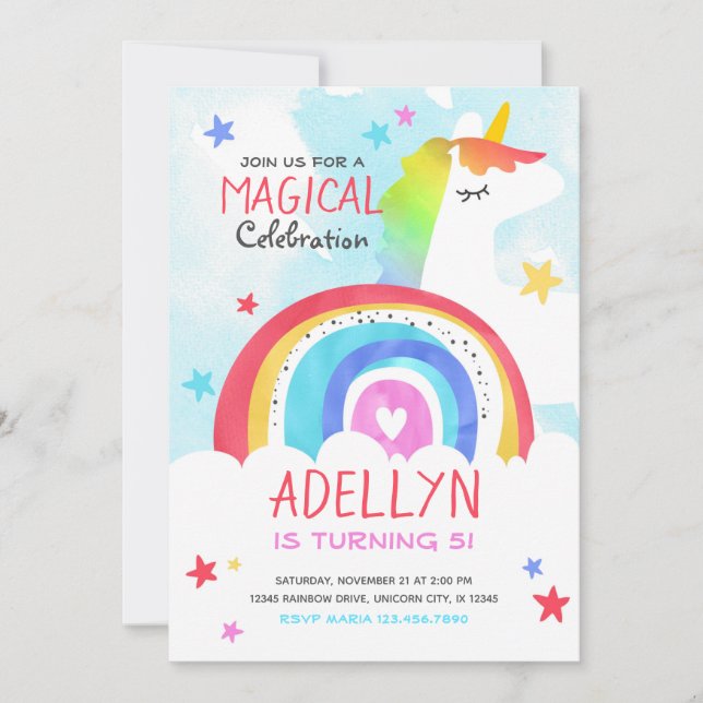 Girl Unicorn and Rainbow Birthday Invitation (Front)
