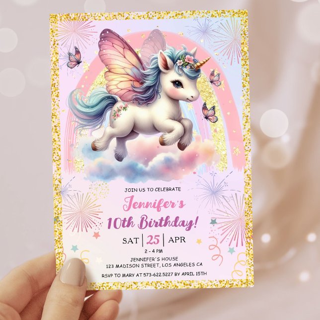 Girl Unicorn Gold Glitter Pink 10th Birthday Party Invitation (#UnicornBirthdayInvitation #UnicornBirthdayInvitationTemplate #UnicornBirthdayInvitationEditable 
)